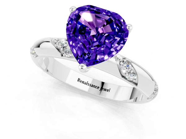 Platinum Heart Cut Tanzanite Solitaire Engagement Ring with Twisted Round  Accent Band and Prong Setting