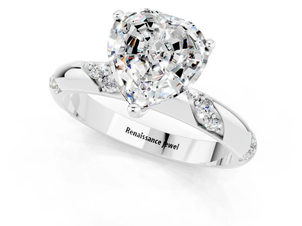 White gold Heart Cut Moissanite Solitaire Engagement Ring with Twisted Round  Accent Band and Prong Setting