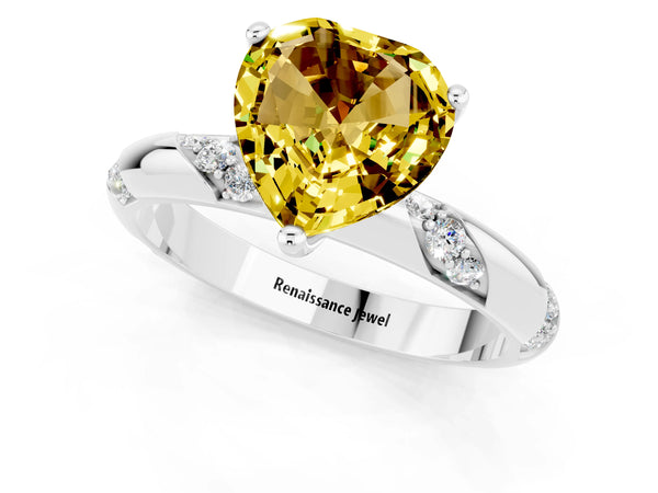 Platinum Heart Cut Yellow Sapphire Solitaire Engagement Ring with Twisted Round  Accent Band and Prong Setting