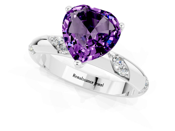 Platinum Heart Cut Amethyst Solitaire Engagement Ring with Twisted Round  Accent Band and Prong Setting
