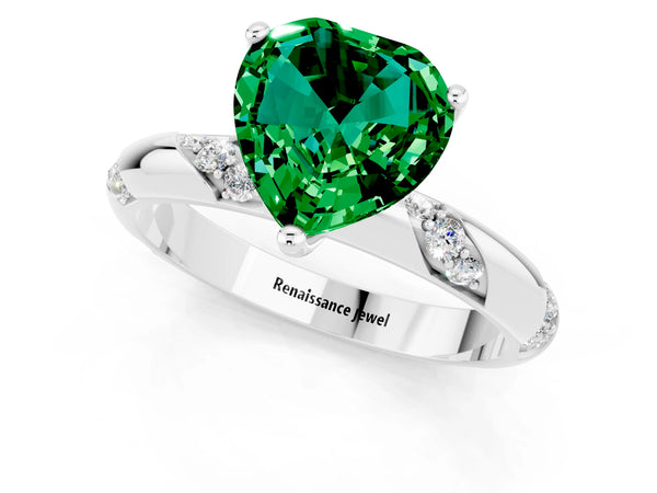Silver Heart Cut Emerald Solitaire Engagement Ring with Twisted Round  Accent Band and Prong Setting