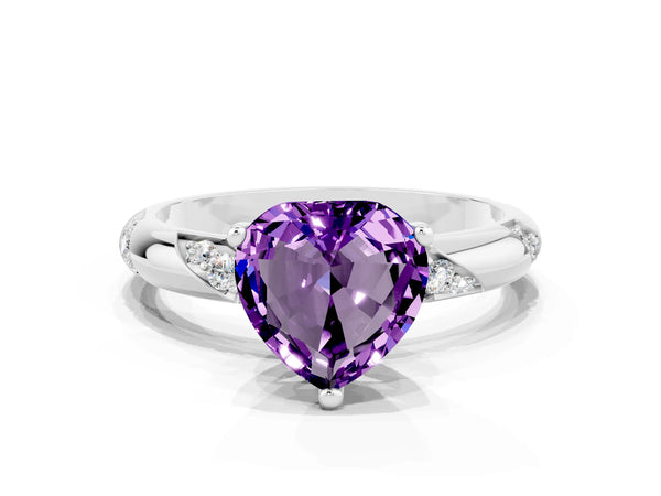 Silver Heart Cut Amethyst Solitaire Engagement Ring with Twisted Round  Accent Band and Prong Setting
