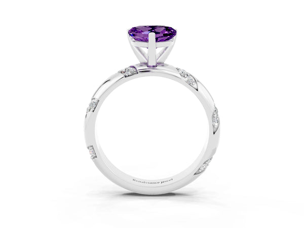 White gold Heart Cut Amethyst Solitaire Engagement Ring with Twisted Round  Accent Band and Prong Setting
