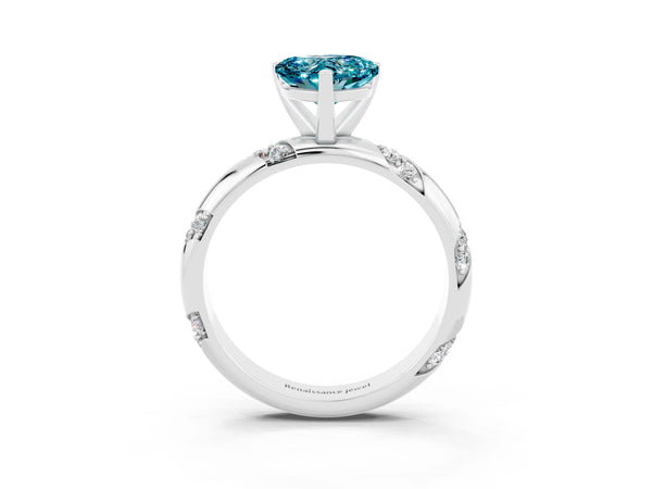 Platinum Heart Cut Solitaire Diamond Engagement Ring with Twisted Pave Band and Four-Prong Setting