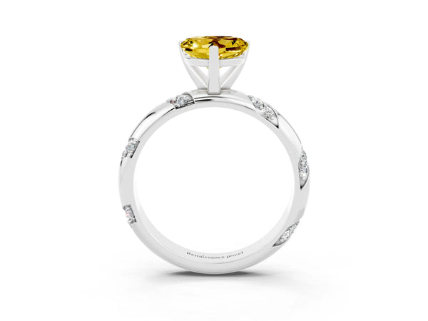 Platinum Heart Cut Yellow Sapphire Solitaire Engagement Ring with Twisted Round  Accent Band and Prong Setting