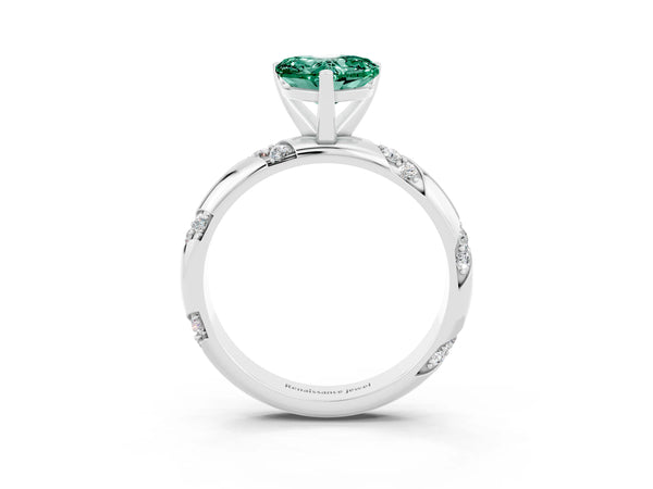 White gold Heart Cut Green Sapphire Solitaire Engagement Ring with Twisted Round  Accent Band and Prong Setting