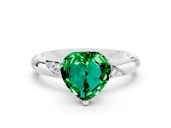 Platinum Heart Cut Emerald Solitaire Engagement Ring with Twisted Round  Accent Band and Prong Setting