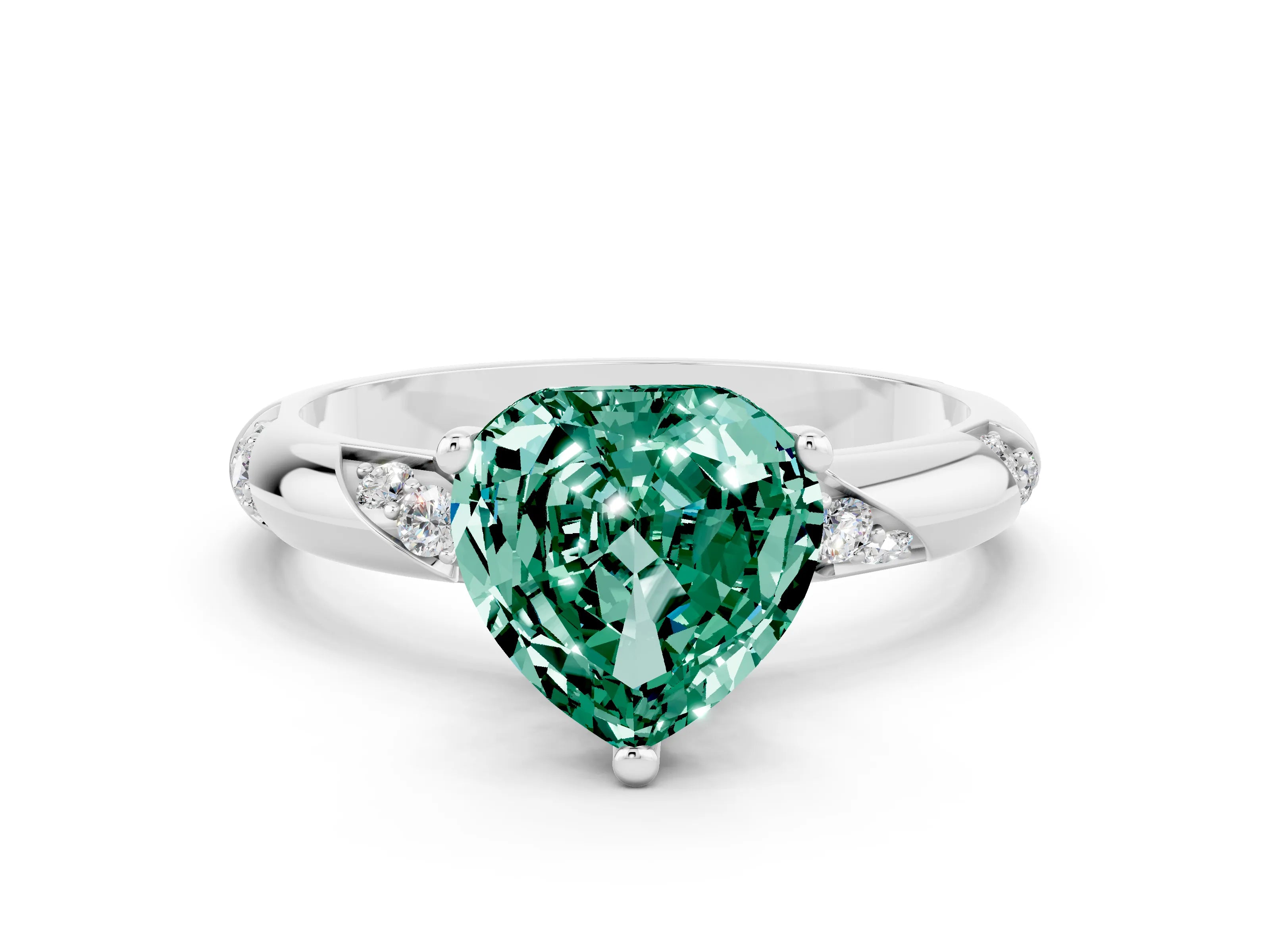 White gold Heart Cut Solitaire Diamond Engagement Ring with Twisted Pave Band and Four-Prong Setting