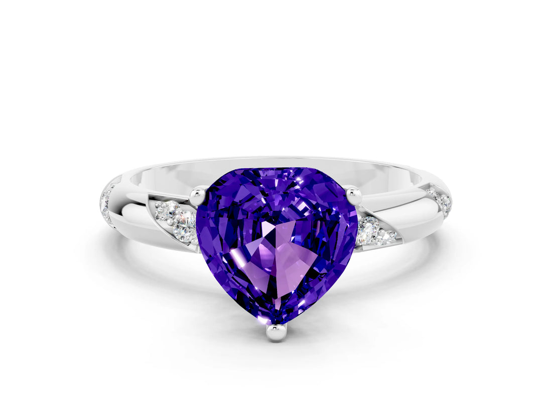 White gold Heart Cut Solitaire Diamond Engagement Ring with Twisted Pave Band and Four-Prong Setting