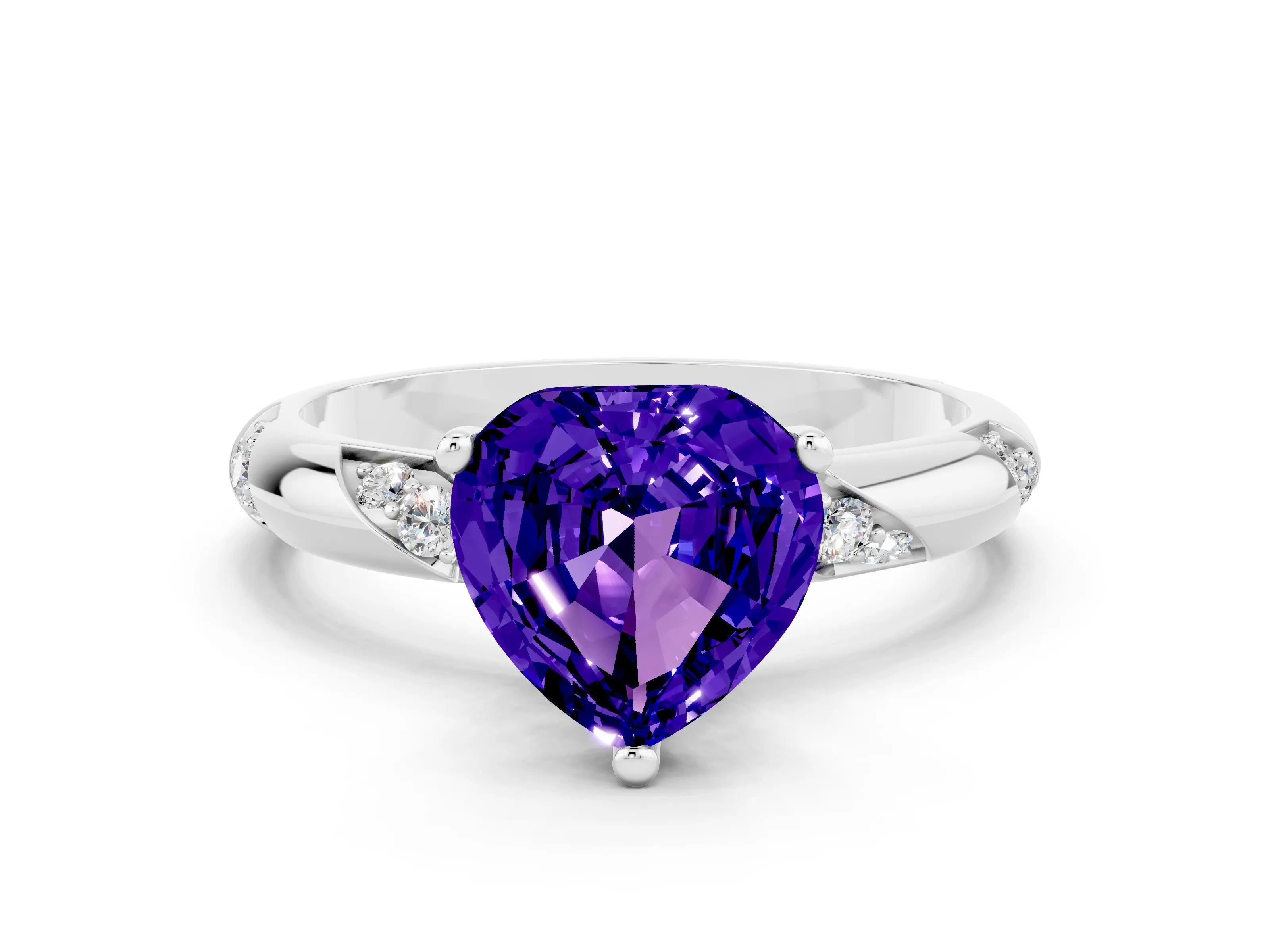 White gold Heart Cut Solitaire Diamond Engagement Ring with Twisted Pave Band and Four-Prong Setting
