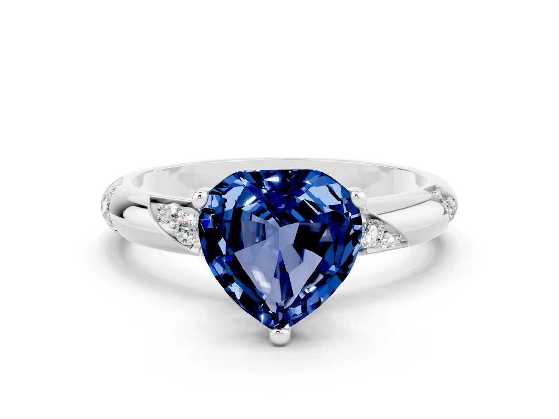 White gold Heart Cut Solitaire Diamond Engagement Ring with Twisted Pave Band and Four-Prong Setting