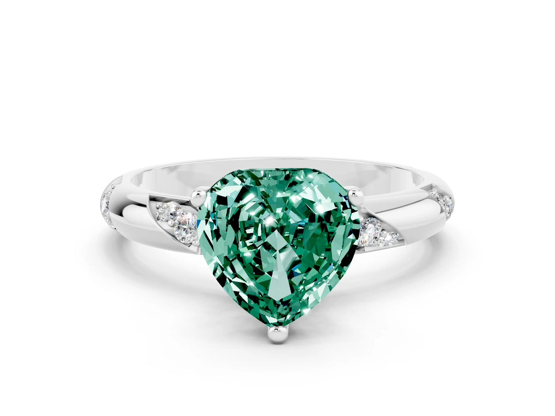 White gold Heart Cut Solitaire Diamond Engagement Ring with Twisted Pave Band and Four-Prong Setting