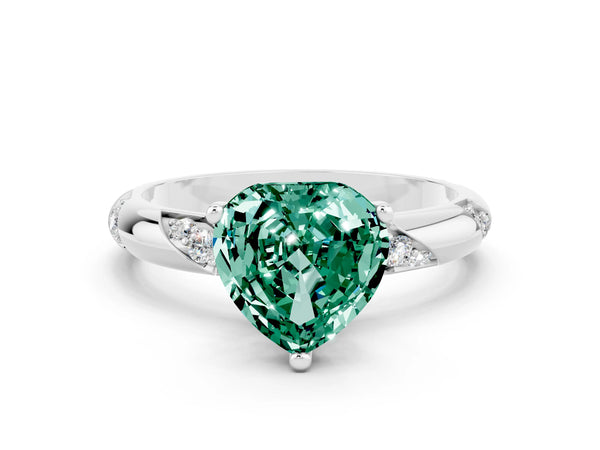 White gold Heart Cut Green Sapphire Solitaire Engagement Ring with Twisted Round  Accent Band and Prong Setting