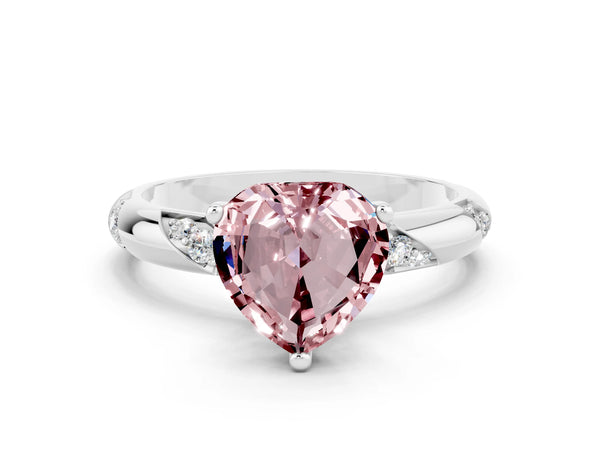 Silver Heart Cut Solitaire Diamond Engagement Ring with Twisted Pave Band and Four-Prong Setting