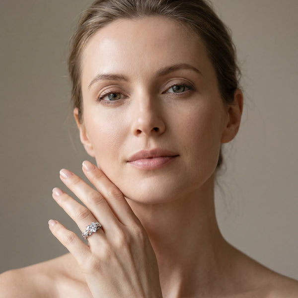 White gold Heart Cut Solitaire Diamond Leaf-Inspired Vine Band Ring with Prong Setting
