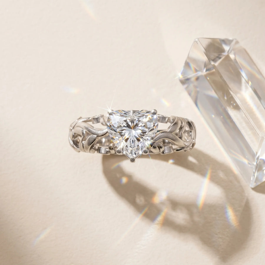 White gold Heart Cut Solitaire Diamond Leaf-Inspired Vine Band Ring with Prong Setting
