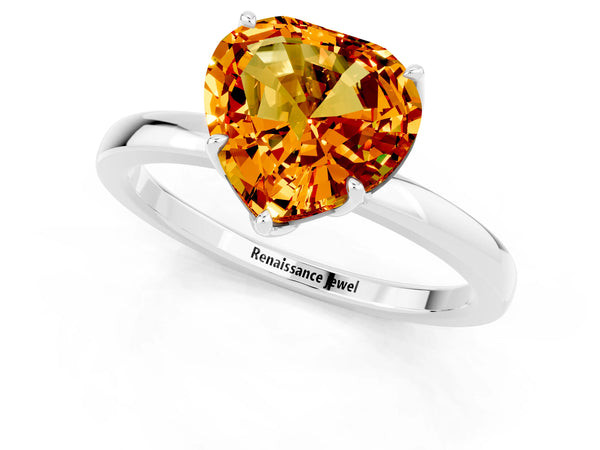 Platinum Heart Cut Citrine Solitaire Ring with Thin Band and Prong Setting