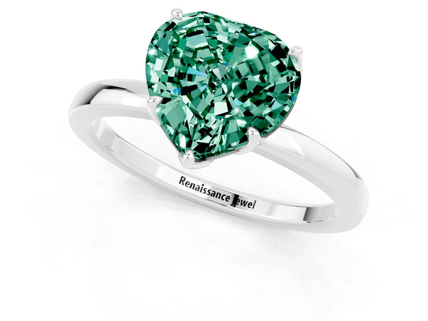 Silver Heart Cut Green Sapphire Solitaire Ring with Thin Band and Prong Setting