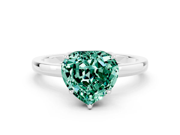 Platinum Heart Cut Green Sapphire Solitaire Ring with Thin Band and Prong Setting