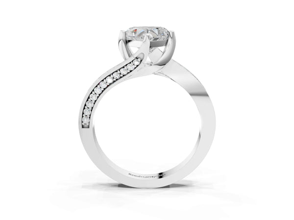 White Gold Heart-Shaped Bypass Solitaire Engagement Ring Setting with Swirl Pave Band