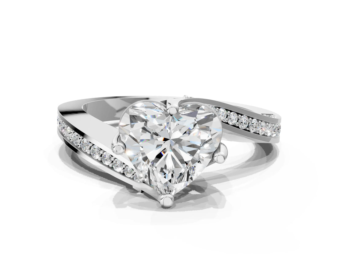 White gold Heart Cut Solitaire Diamond Twist Band with Pavé Setting and Four-Prong Setting_7