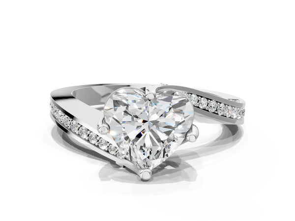 White Gold Heart-Shaped Bypass Solitaire Engagement Ring Setting with Swirl Pave Band