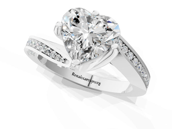White Gold Heart-Shaped Bypass Solitaire Engagement Ring Setting with Swirl Pave Band