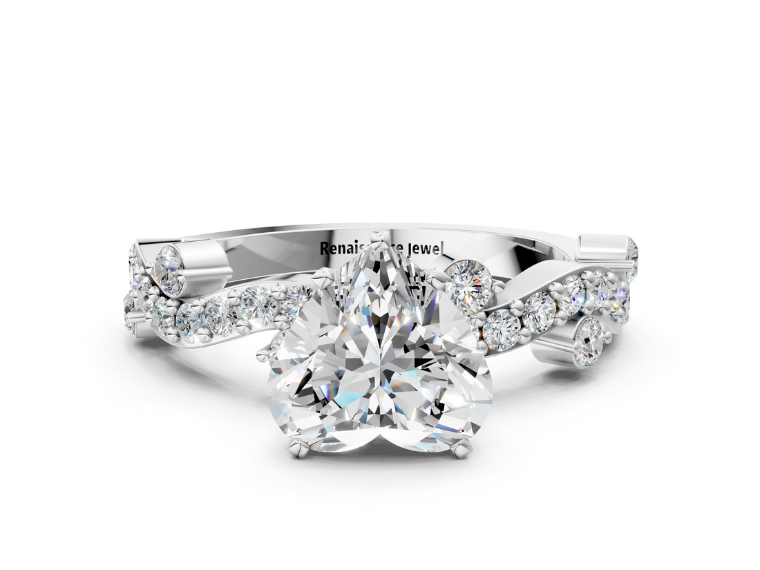 White gold Heart Cut Solitaire Diamond Twisted Band with Pave Setting_81