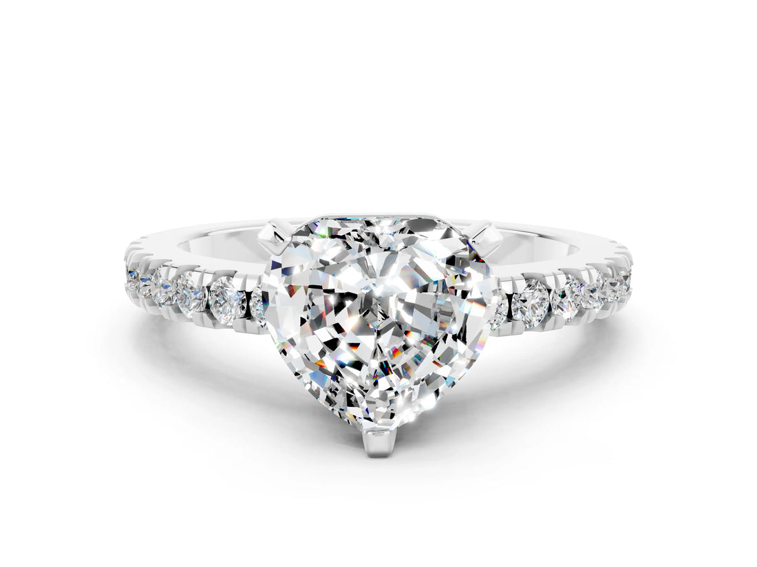 White gold Heart Cut Solitaire Diamond with Pavé Band and Four-Prong Setting