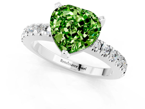 White gold Heart Cut Solitaire Peridot with Pavé Band and Four-Prong Setting