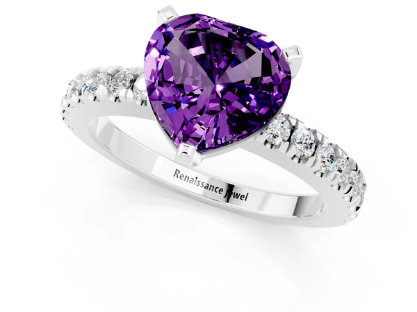 Platinum Heart Cut Solitaire Amethyst with Pavé Band and Four-Prong Setting