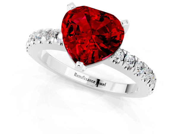 Silver Heart Cut Solitaire Ruby with Pavé Band and Four-Prong Setting