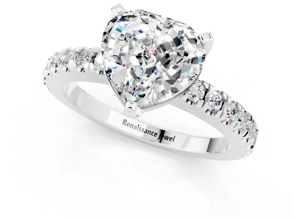 Silver Heart Cut Solitaire Moissanite with Pavé Band and Four-Prong Setting