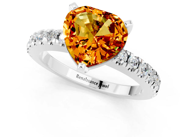 Silver Heart Cut Solitaire Citrine with Pavé Band and Four-Prong Setting