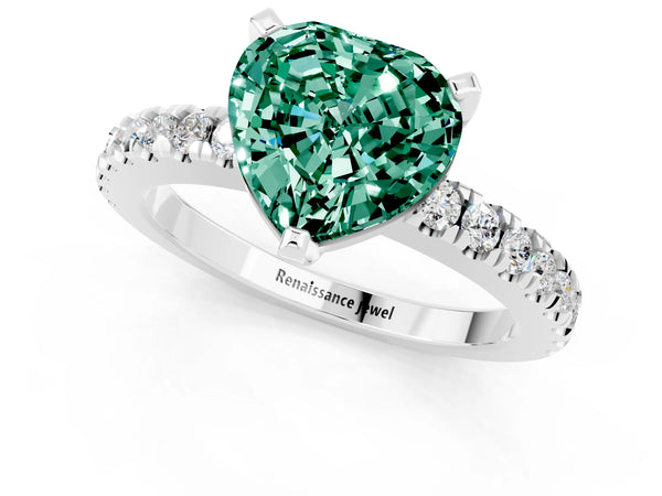 White gold Heart Cut Solitaire Green Sapphire with Pavé Band and Four-Prong Setting