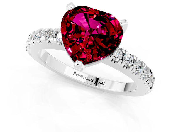 Platinum Heart Cut Solitaire Garnet with Pavé Band and Four-Prong Setting