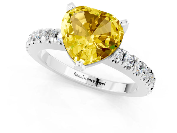 Silver Heart Cut Solitaire Yellow Sapphire with Pavé Band and Four-Prong Setting