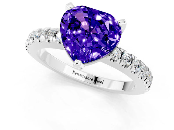 Platinum Heart Cut Solitaire Tanzanite with Pavé Band and Four-Prong Setting