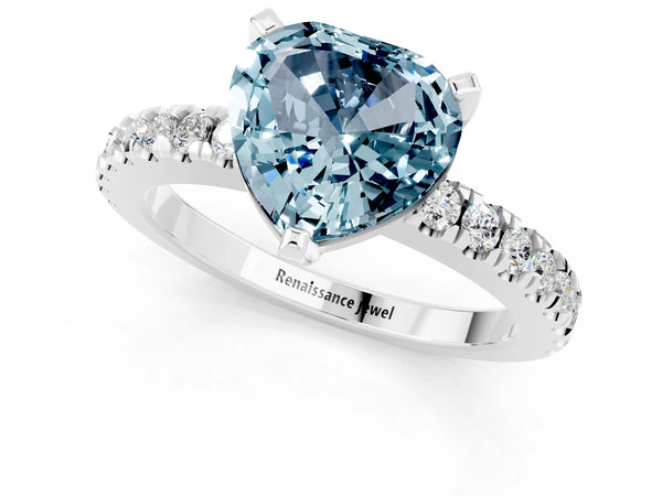 Platinum Heart Cut Solitaire Aquamarine with Pavé Band and Four-Prong Setting