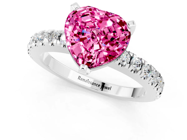 White gold Heart Cut Solitaire Pink Sapphire with Pavé Band and Four-Prong Setting