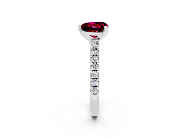 Platinum Heart Cut Solitaire Garnet with Pavé Band and Four-Prong Setting