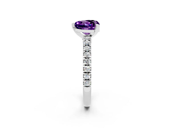 Platinum Heart Cut Solitaire Amethyst with Pavé Band and Four-Prong Setting