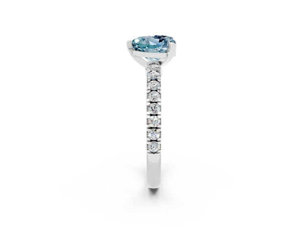 Silver Heart Cut Solitaire Aquamarine with Pavé Band and Four-Prong Setting