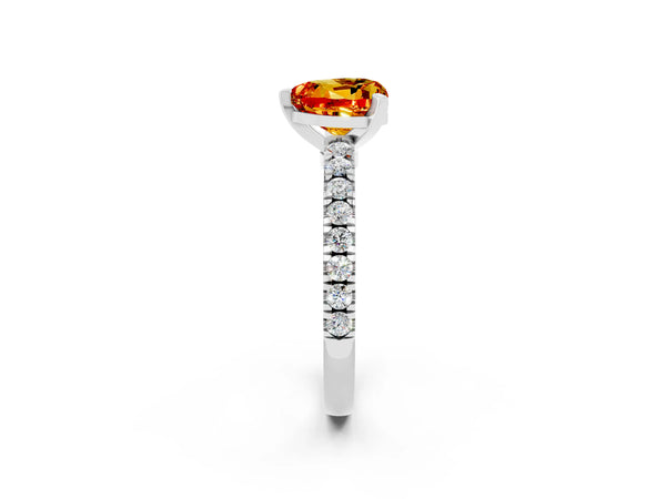 Silver Heart Cut Solitaire Citrine with Pavé Band and Four-Prong Setting
