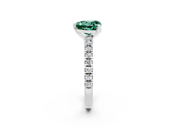 White gold Heart Cut Solitaire Green Sapphire with Pavé Band and Four-Prong Setting