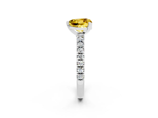 Silver Heart Cut Solitaire Yellow Sapphire with Pavé Band and Four-Prong Setting