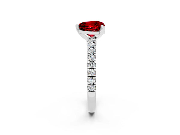 Platinum Heart Cut Solitaire Ruby with Pavé Band and Four-Prong Setting