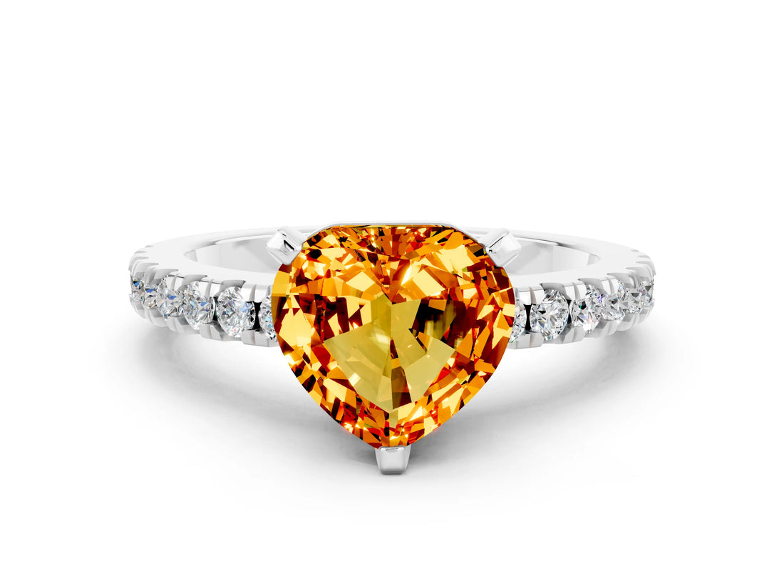 White gold Heart Cut Solitaire Diamond with Pavé Band and Four-Prong Setting