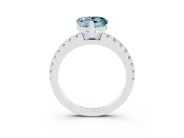 Platinum Heart Cut Solitaire Aquamarine with Pavé Band and Four-Prong Setting