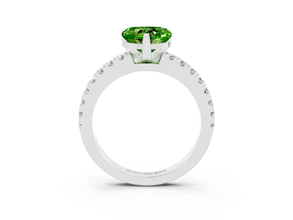 Silver Heart Cut Solitaire Peridot with Pavé Band and Four-Prong Setting
